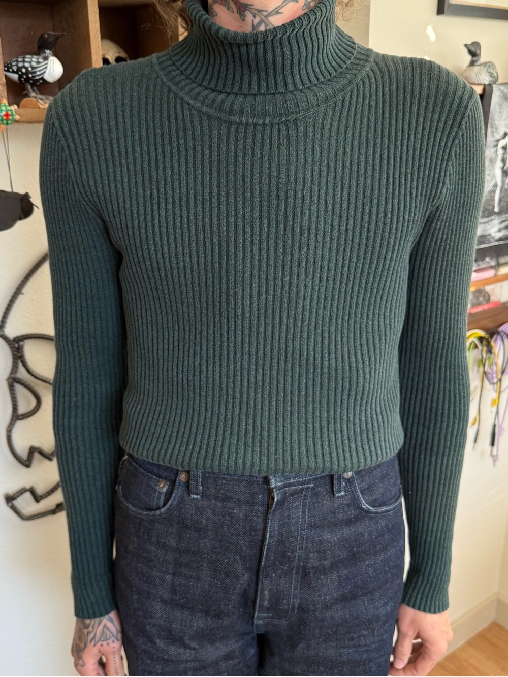 Vintage 90s Y2K Forest Green Chunky Ribbed Turtleneck Sweater ~ Size Medium